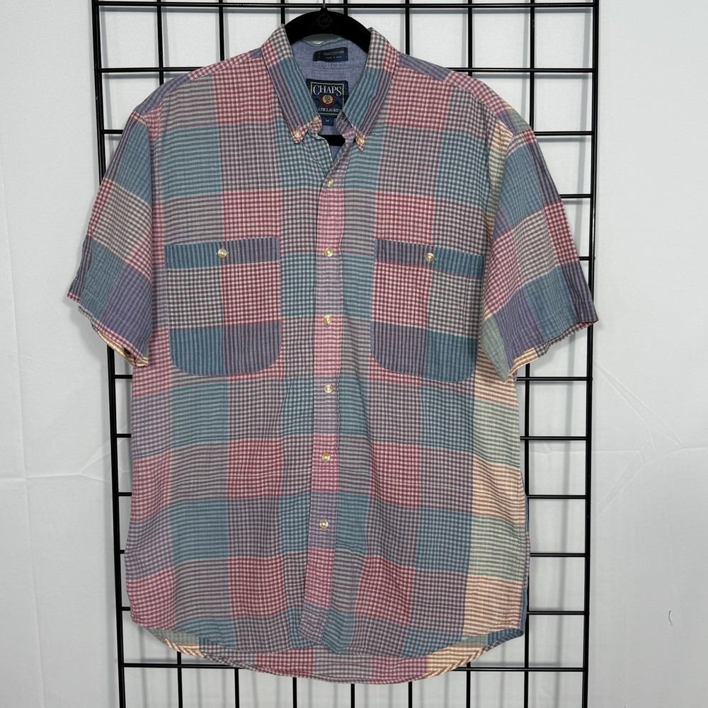 Chaps Ralph Lauren Shirt Mens M Color Block Check Plaid Tartan Vintage Button Up
